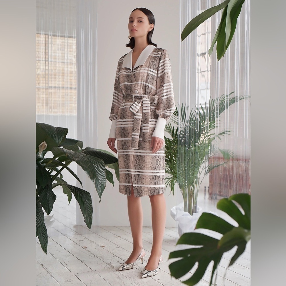 Three Floor Snake Print Stripe Belted Midi Dress Size 4 US / UK 8 NWT